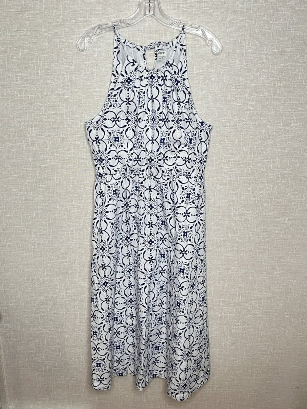 J Crew Blue White Tile Print Cotton Maxi Dress Halter Coastal Preppy Resort 10